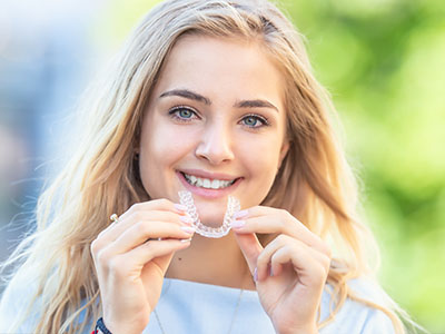 The image shows two different photos of a smiling woman holding a toothbrush with teeth, both set against a blurred background.