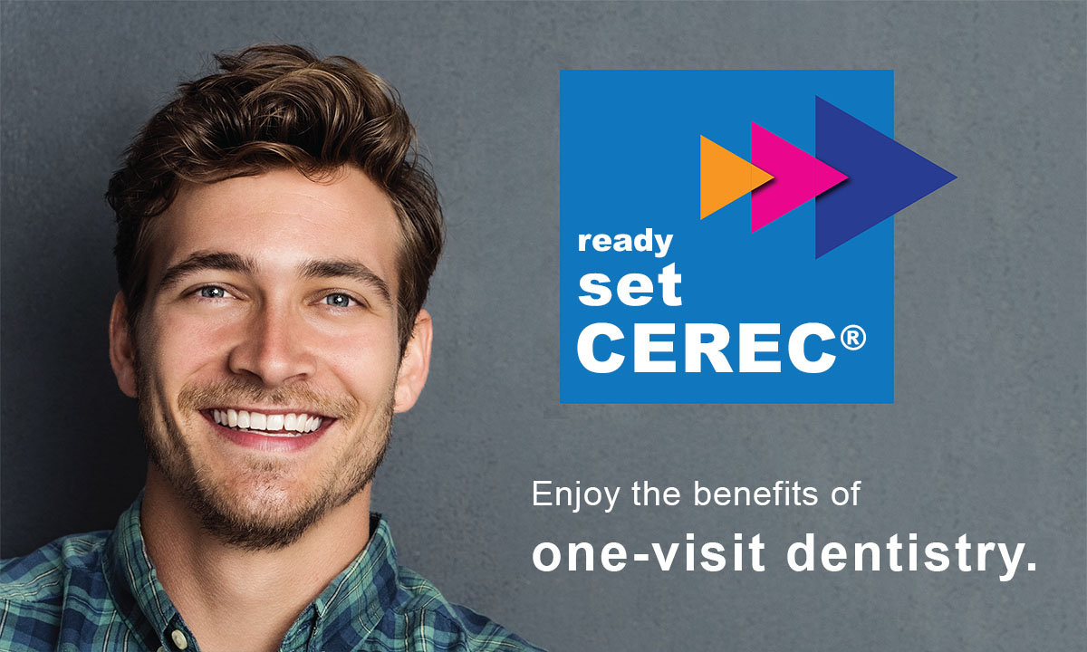 The image features a person smiling at the camera with a graphic overlay of text and logos, including  READY SET CEREC  and a logo for  ONE VISIT DENTISTRY,  suggesting an advertisement for dental services using CEREC technology.